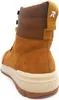 A rear view of a brown leather boot with a white sole. Voir les images du produit