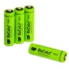 Four green rechargeable AA batteries are shown against a white background. Three batteries are standing upright in a group on the left, and one is lying horizontally in the foreground on the right. Produktbild-Vorschau