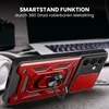 A red and black phone case with a ring stand is displayed on a surface, with a laptop and headphones in the background. Produktbild-Vorschau