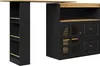 A black and wood-toned bar cabinet with shelves and drawers, with a wooden countertop extending from it. Voir les images du produit