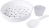 A white steamer basket, a white measuring cup, and a white rice paddle are arranged on a white background. Anteprima dell’immagine prodotto