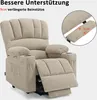 A beige recliner chair with its footrest extended, showing a close-up of the extended footrest and a detail of the armrest. Produktbild-Vorschau