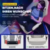 A woman is sitting in a gaming chair, looking at her phone. The image also shows diagrams of the chair's features. Náhled obrázku produktu