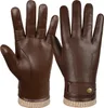 A pair of brown leather gloves with beige knitted cuffs. Produktbild-Vorschau