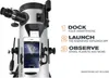 A telescope with a smartphone docked to it, showing a star map on the phone screen. Text on the right explains how to use the telescope with the app. Produktbild-Vorschau