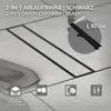 A black drain channel installed in a tiled floor, with product features highlighted by icons and text. Náhľad obrázku produktu