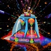 A dual-lane electronic arcade basketball game set against a vibrant, abstract background with streaks of light and stars. Produktbild-Vorschau