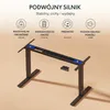 Collage showing a black standing desk frame with informational icons and text above. Podgląd zdjęcia produktu