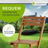 A wooden chair is shown outdoors with green grass and trees in the background. Text overlays highlight product features. Produktbild-Vorschau