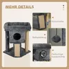 A collage of images showcasing the features of a cat tree, including a close-up of the scratching mat, a hanging toy, and a cat inside a cozy den. Produktbild-Vorschau
