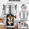 A cutaway view of a stainless steel electric grain grinder, with inset images highlighting its features. Náhled obrázku produktu