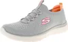 A single gray Skechers shoe with pink and orange accents is shown against a white background. Produktbild-Vorschau