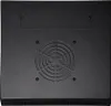 The back of a black server rack with a fan and a rectangular panel. Voir les images du produit