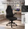 A black office chair is shown in a room with a desk and window. Insets show close-ups of the chair's fabric and gas lift. Produktbild-Vorschau