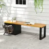 A grey cat walks out of a black cat house integrated into a modern outdoor bench with an orange seat, set against a white paneled wall with a window and hanging plants. Voir les images du produit