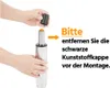 Hands are shown removing a black cap from a silver gas lift cylinder, with German text providing instructions. Produktbild-Vorschau
