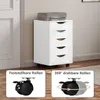 A white filing cabinet with five drawers is shown with a printer on top. Two inset images show different types of casters for the cabinet. Produktbild-Vorschau