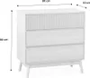 A white wooden sideboard with three drawers is shown against a white background. Dimensions are indicated by arrows and text. Produktbild-Vorschau