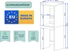 Diagram showing the dimensions and features of a washing machine cabinet, along with EU manufacturing information and assembly icons. Náhled obrázku produktu