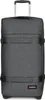 A front view of a dark gray suitcase with black straps and wheels.