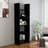 A black bookshelf in a room with a painting on the wall and a chair with a blanket. Náhled obrázku produktu