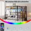 A loft bed with a sofa underneath, featuring integrated LED lighting and stairs, set in a bedroom. Produktbild-Vorschau