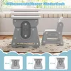 A children's desk and chair set is shown with different height options displayed below. Produktbild-Vorschau