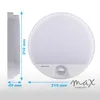 A white LED outdoor wall light with a motion sensor is shown from the side and front, with dimensions indicated. Produktbild-Vorschau