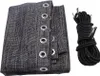 A folded gray mesh fabric with grommets and a black elastic cord with metal tips. Produktbild-Vorschau