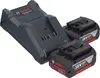 A black Bosch battery charger with two red and black Bosch batteries. Produktbild-Vorschau
