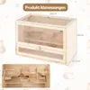 A wooden hamster cage with multiple levels and accessories, with dimensions shown. Náhľad obrázku produktu
