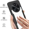 A hand is touching a clear phone case with a black frame, showcasing its features. Produktbild-Vorschau