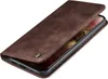 A brown leather flip case for a smartphone is shown partially open, revealing the phone screen. Produktbild-Vorschau