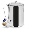 A stainless steel kettle with a tag attached to the handle. Produktbild-Vorschau