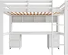 A white loft bed with a desk and shelves underneath, shown against a white background. Náhled obrázku produktu