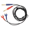 A black audio cable with gold-plated connectors in red and blue. The cable splits into two ends, one with two 6.35mm jacks and the other with two smaller connectors. Podgląd zdjęcia produktu