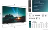 A television with a remote control and a diagram showing its dimensions and connections, along with a table of specifications. Náhled obrázku produktu