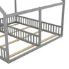 A close-up view of a grey wooden house-shaped bed frame with wooden slats. Náhľad obrázku produktu