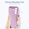 A hand holding a purple phone case, with text describing its features. Produktbild-Vorschau