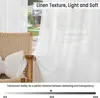 A sheer white curtain is shown hanging in front of a window, with a wicker chair and pillow visible in the foreground. Text overlays describe the product's features and transparency level. Produktbild-Vorschau