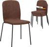 A set of four brown dining chairs stacked on a white background. One chair is in the foreground, and three are stacked behind it. A white band with German text and the German flag is wrapped around the top chair. Produktbild-Vorschau