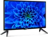 A black television with a blue floral image displayed on its screen, resting on a stand with two legs. Produktbild-Vorschau