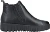 A black ankle boot with a platform sole is shown from the side against a white background. Voir les images du produit
