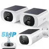 A collage of three images showing two white solar-powered security cameras and a close-up of one camera with a graphic illustrating its resolution. Náhled obrázku produktu