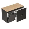 A 3D rendering of a black and wood vanity unit with a white top and open drawers, revealing white interior compartments and a wire basket. Podgląd zdjęcia produktu