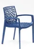 A blue plastic chair with a web-like design on the back and seat, shown against a white background. Produktbild-Vorschau