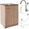 A kitchen sink cabinet with a faucet and plumbing parts arranged next to it. Náhľad obrázku produktu