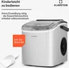 A silver ice cube maker with a transparent lid, shown with a white scoop and an orange call-out box highlighting an included ice scoop. Text describes ease of use and automatic operation. Produktbild-Vorschau
