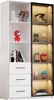A white and black display cabinet with glass doors, illuminated shelves, and drawers, showcasing various collectible items. Voir les images du produit