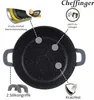 A top-down view of a black speckled pot with gray handles, surrounded by marketing graphics and text. Produktbild-Vorschau